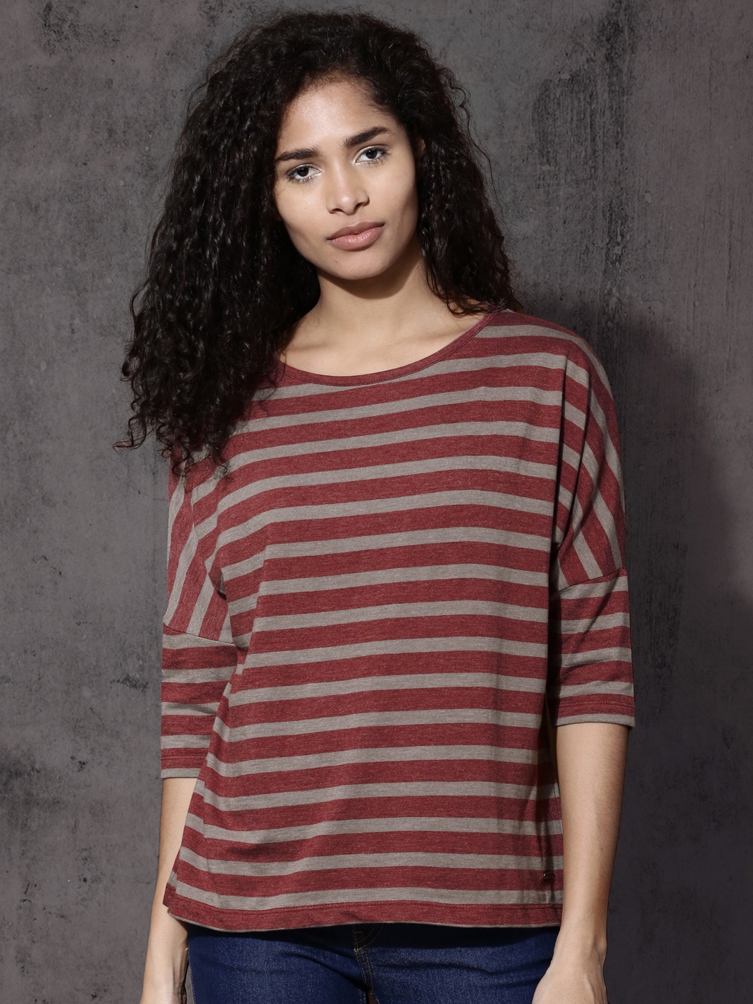 

Roadster Women Maroon & Grey Striped Round Neck T-shirt