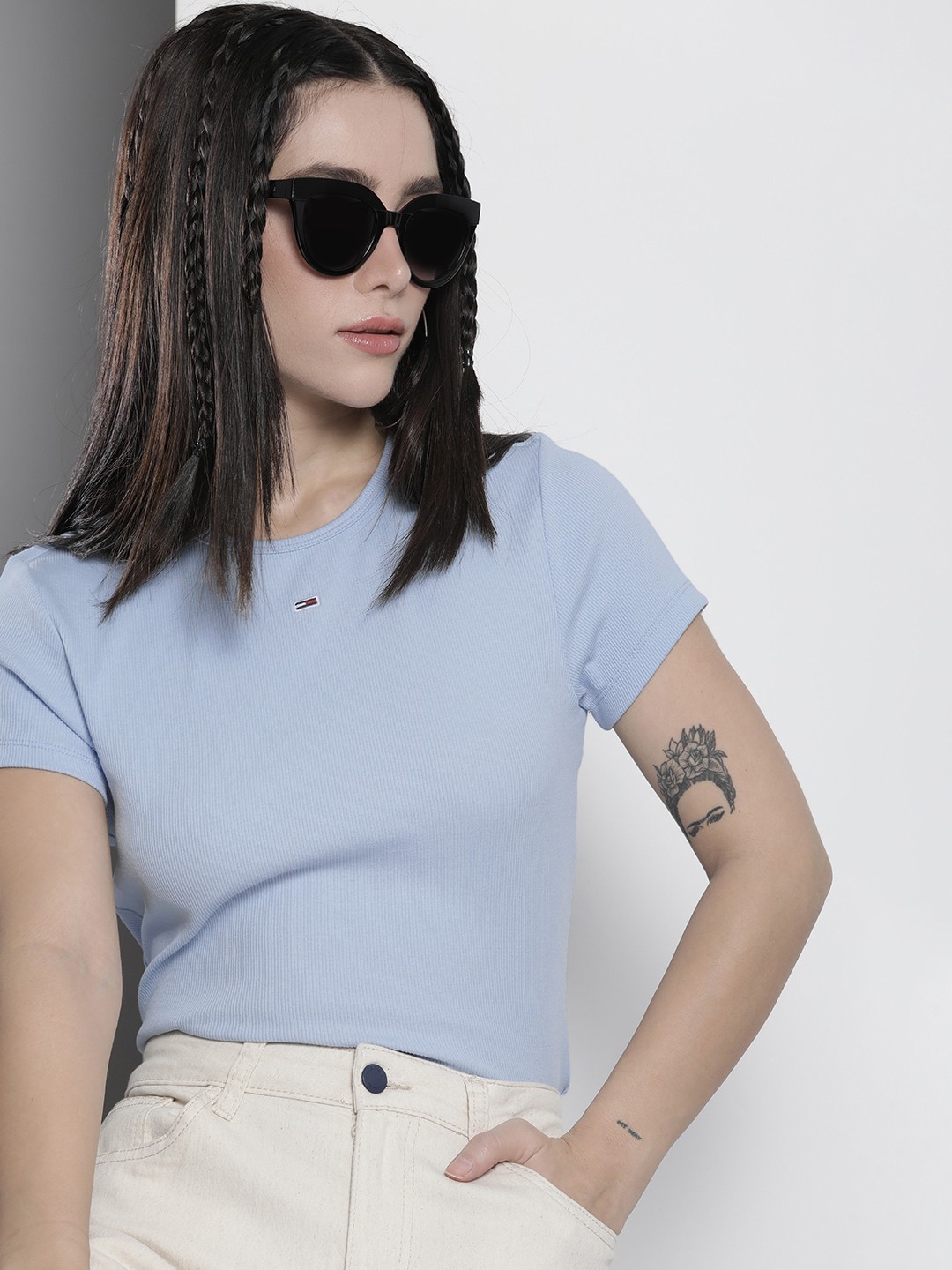 

Tommy Hilfiger Women Sustainable Ribbed Round Neck T-shirt, Blue