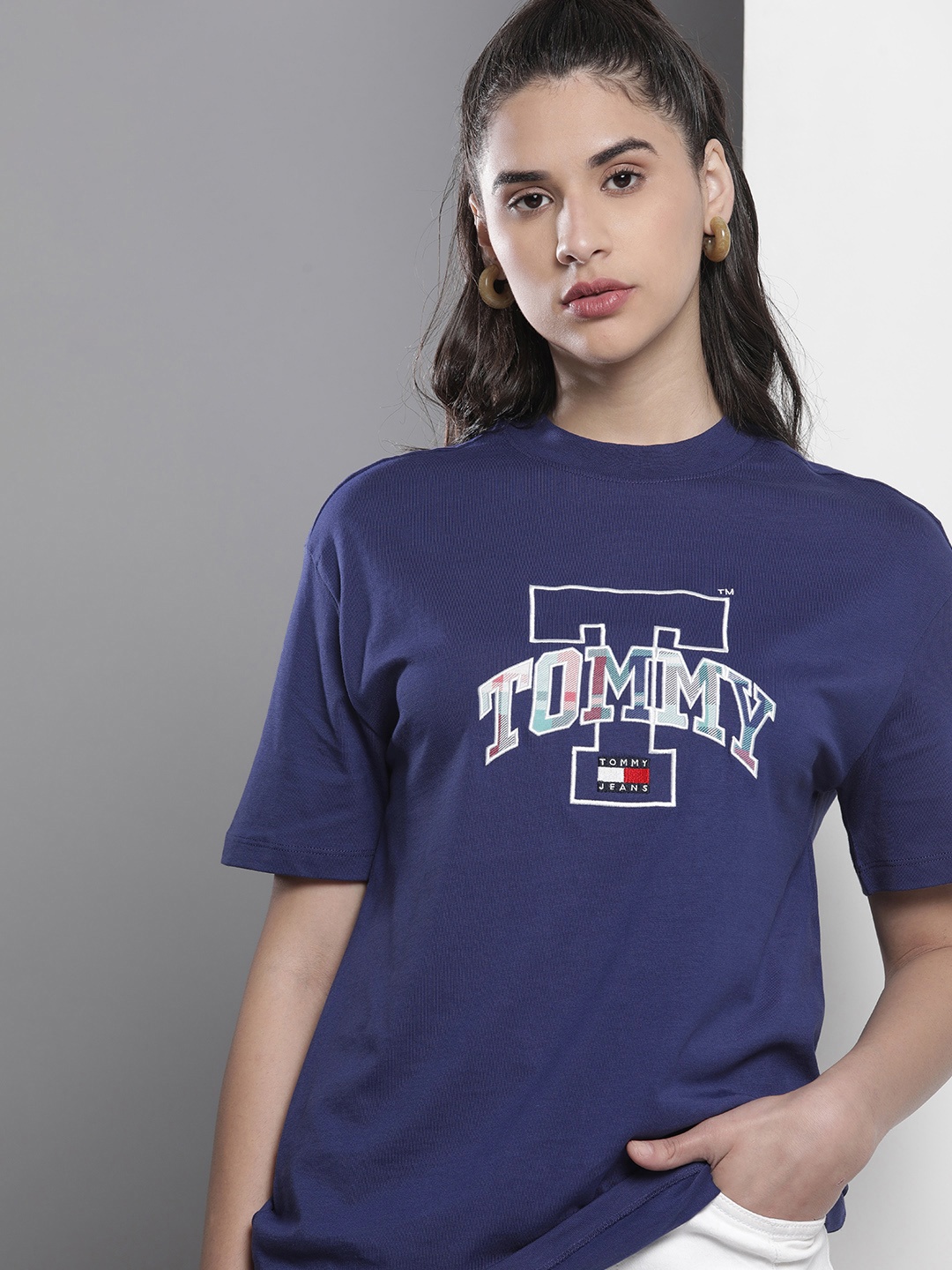 

Tommy Hilfiger Women Sustainable Pure Cotton Brand Logo Printed T-shirt, Blue