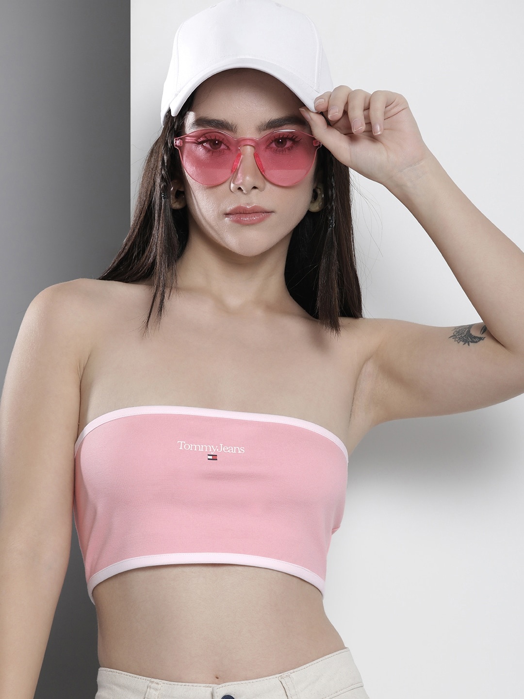 Tommy Hilfiger Brand Logo Print Off-Shoulder Tube Crop Top, Pink