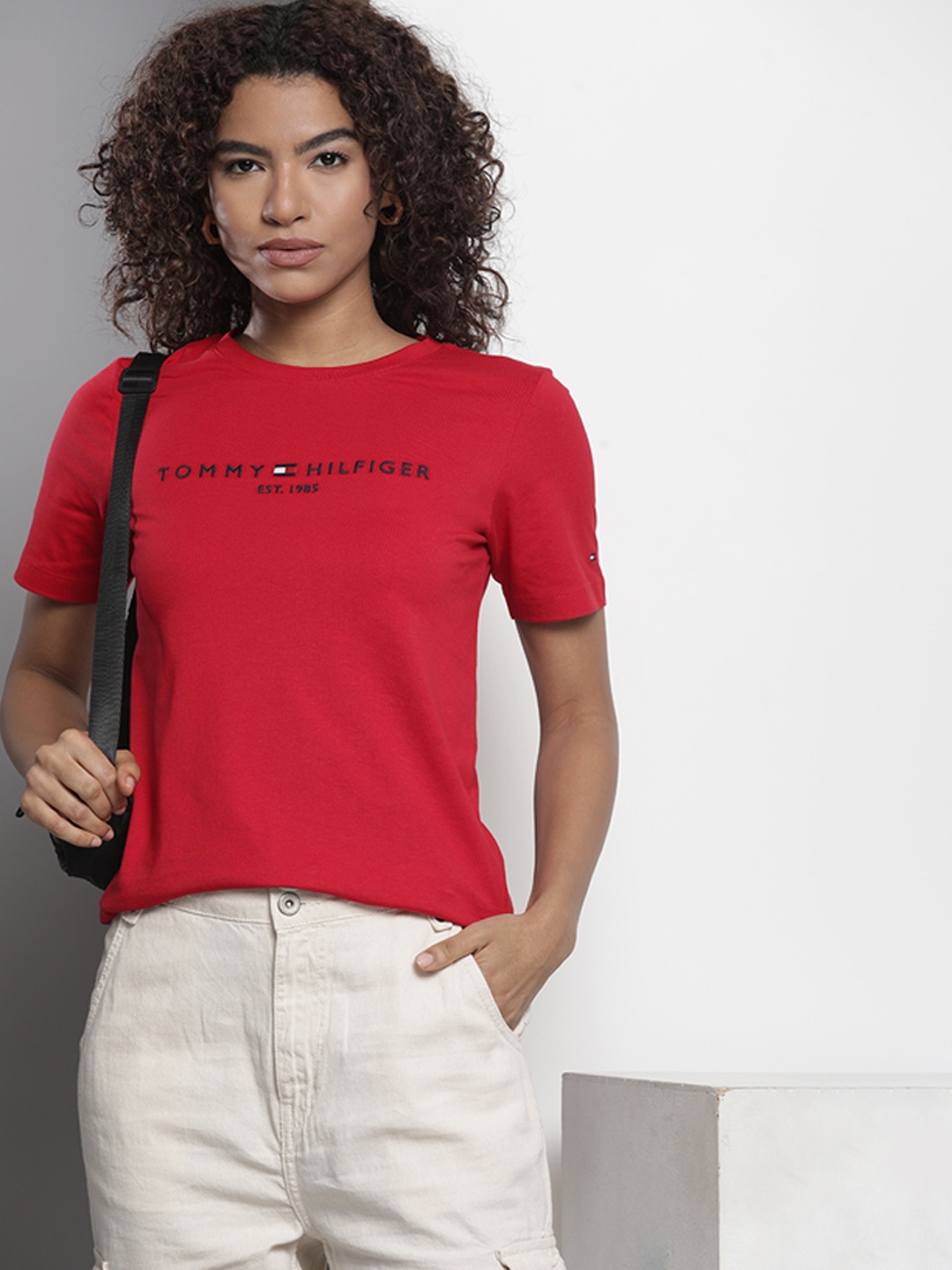 

Tommy Hilfiger Women Brand Logo Pure Cotton Slim Fit T-shirt, Red