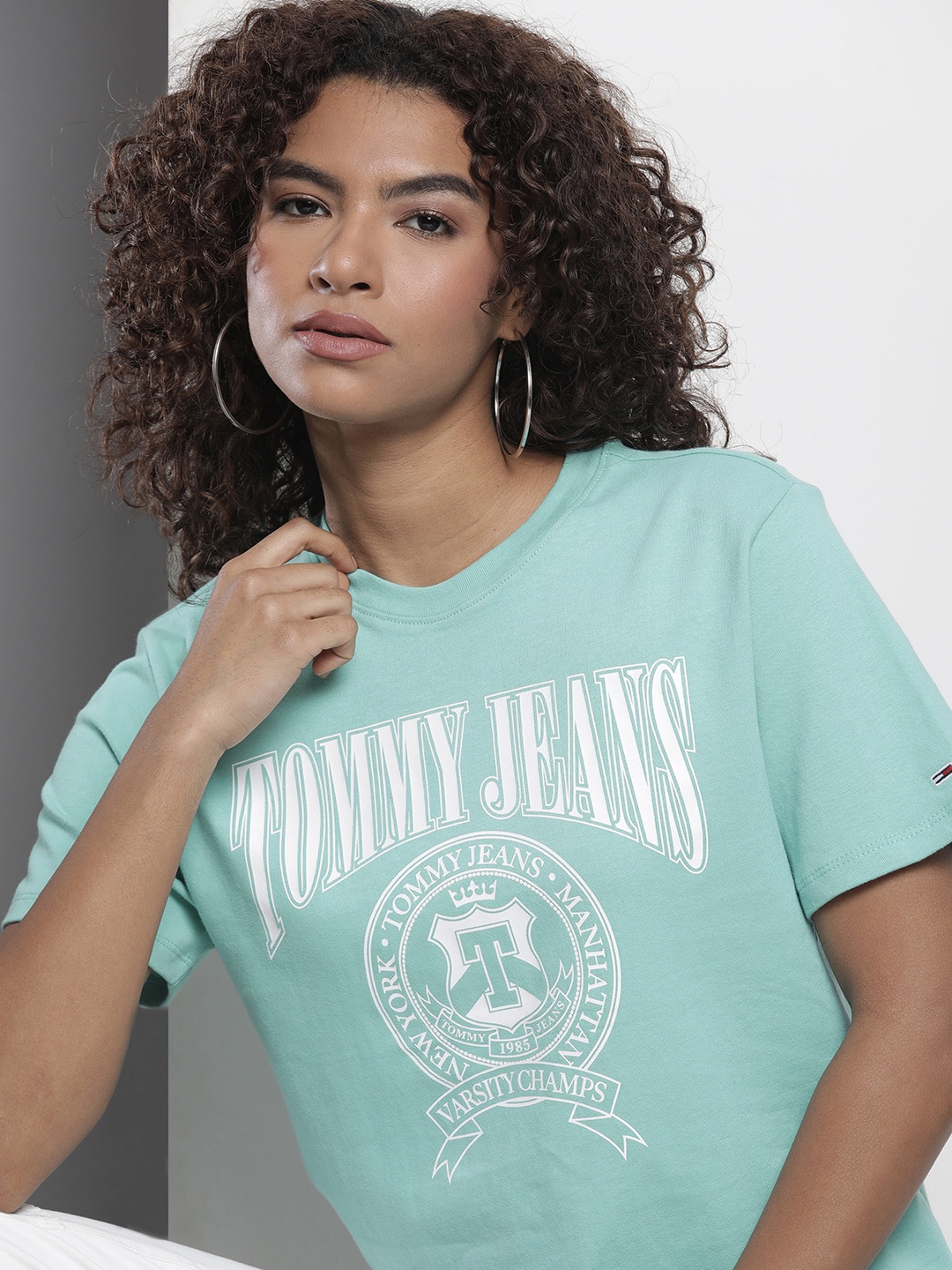 

Tommy Hilfiger Women Sustainable Pure Cotton Brand Logo Printed T-shirt, Turquoise blue