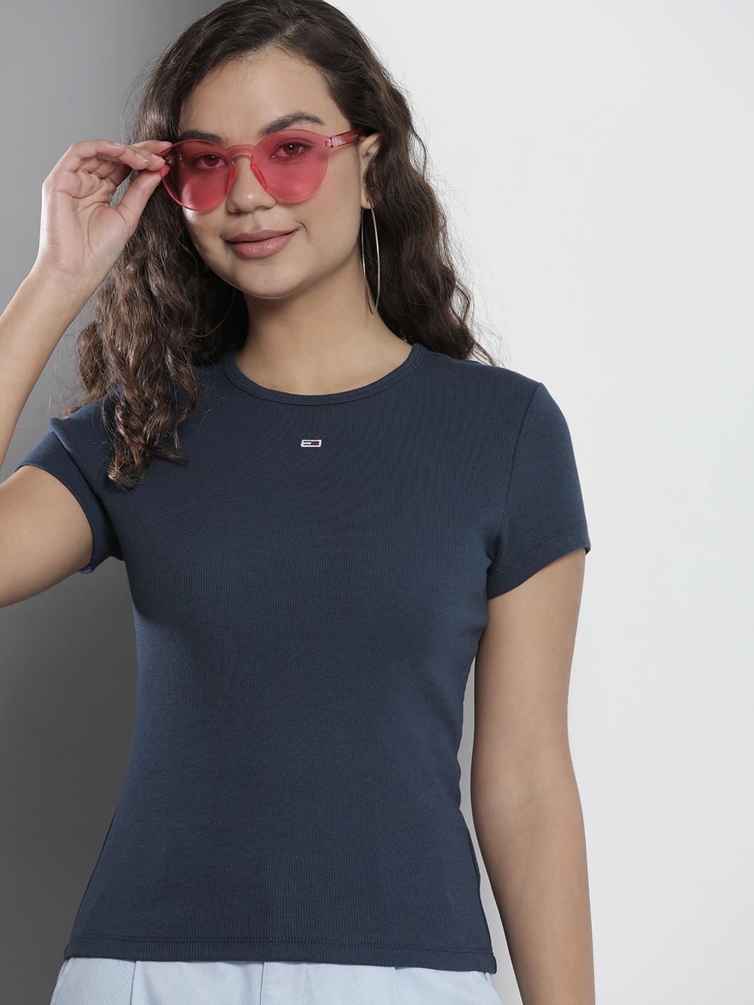

Tommy Hilfiger Women Solid Slim Fit T-shirt, Blue