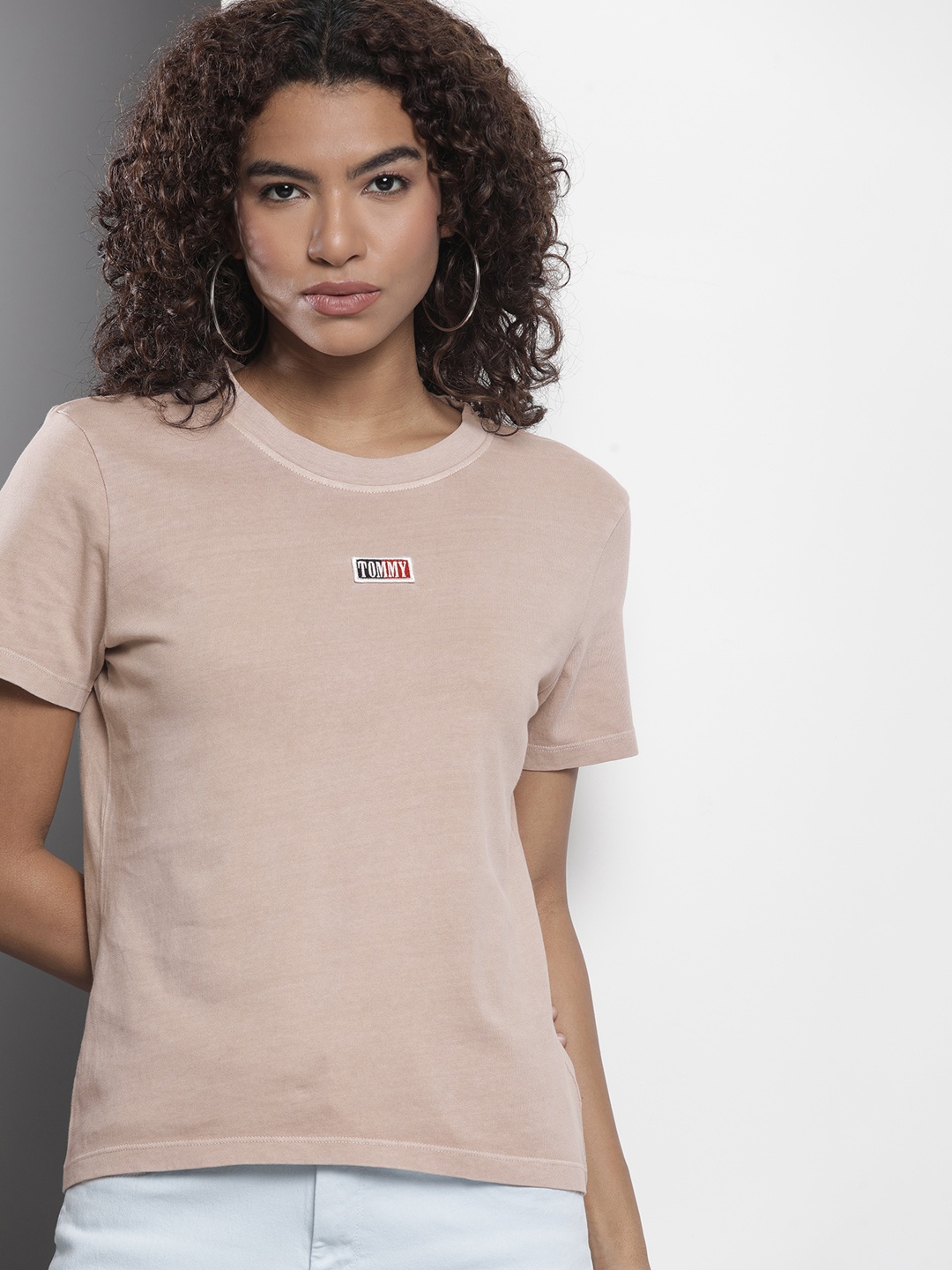 

Tommy Hilfiger Women Solid Organic Cotton Brand Logo Applique T-shirt, Beige