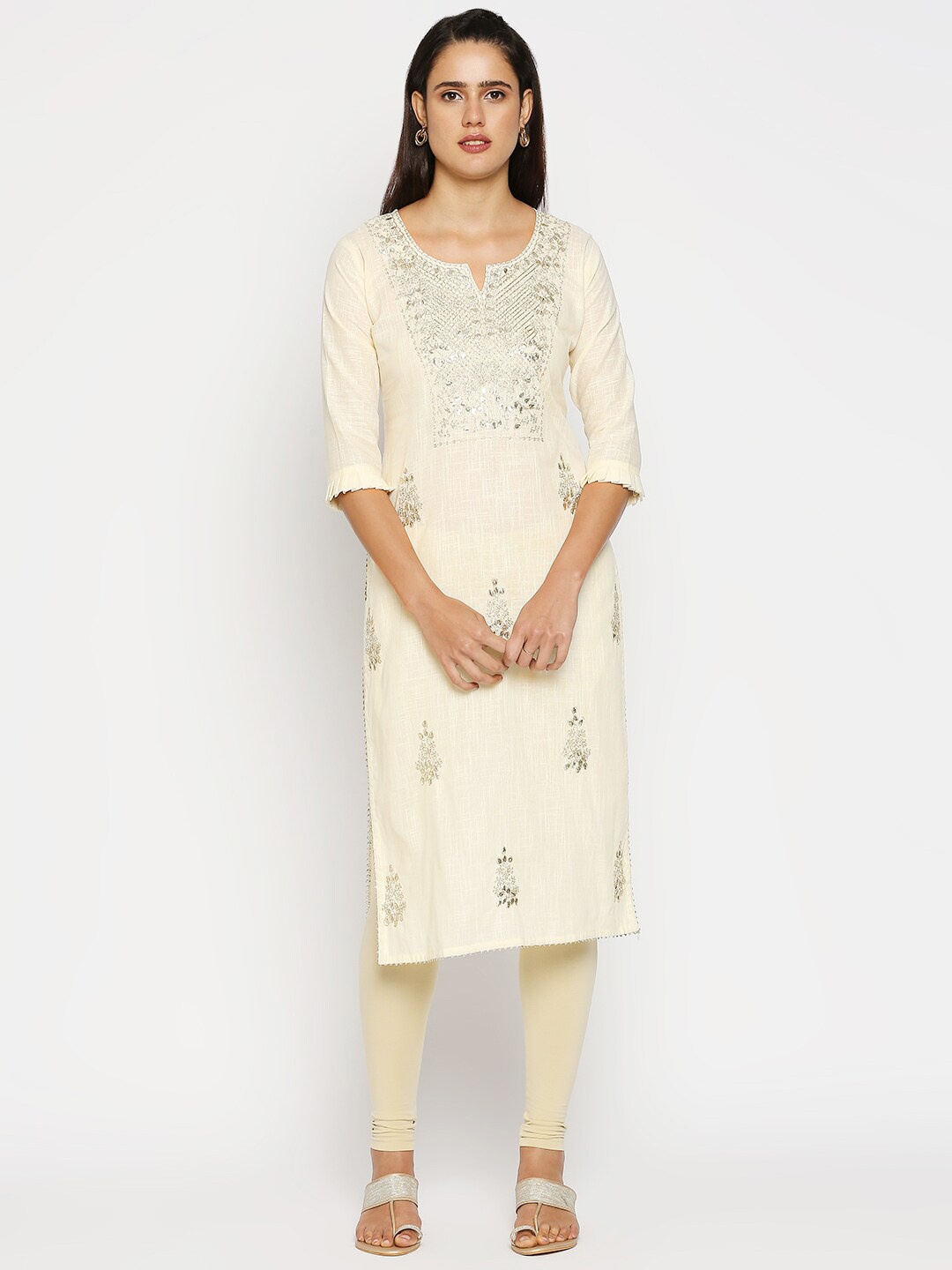 

INDYES Floral Embroidered Cotton Kurta, Cream