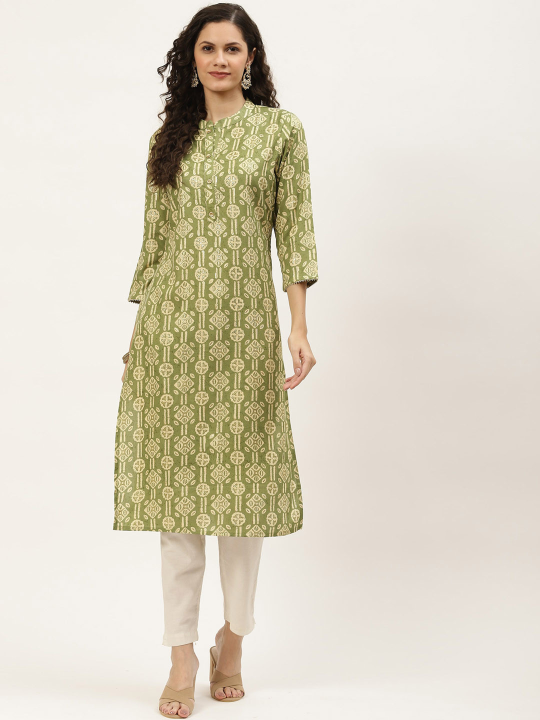 

INDYES Mandarin Collar Printed Summer Sheers Cotton Kurta, Green