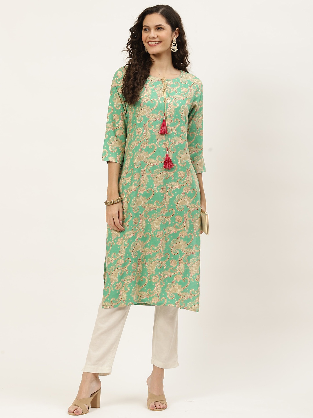 

INDYES Floral Printed Pastels Straight Regular Cotton Kurta, Sea green