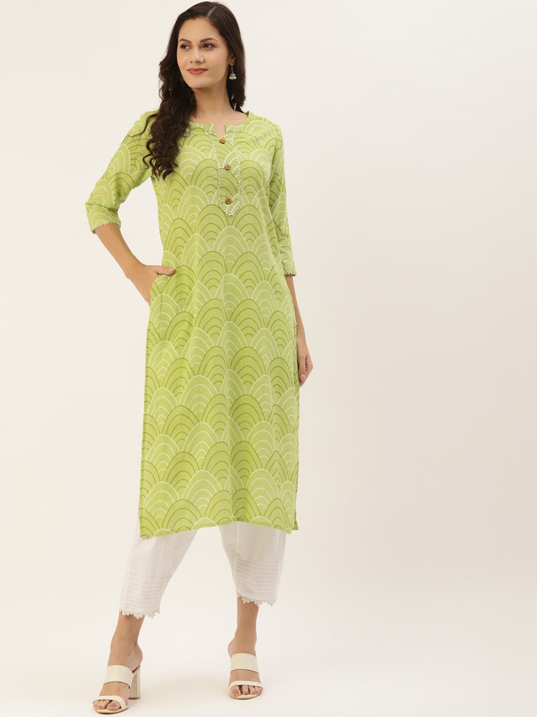 

INDYES Geometric Printed Summer Sheers Cotton Kurta, Green