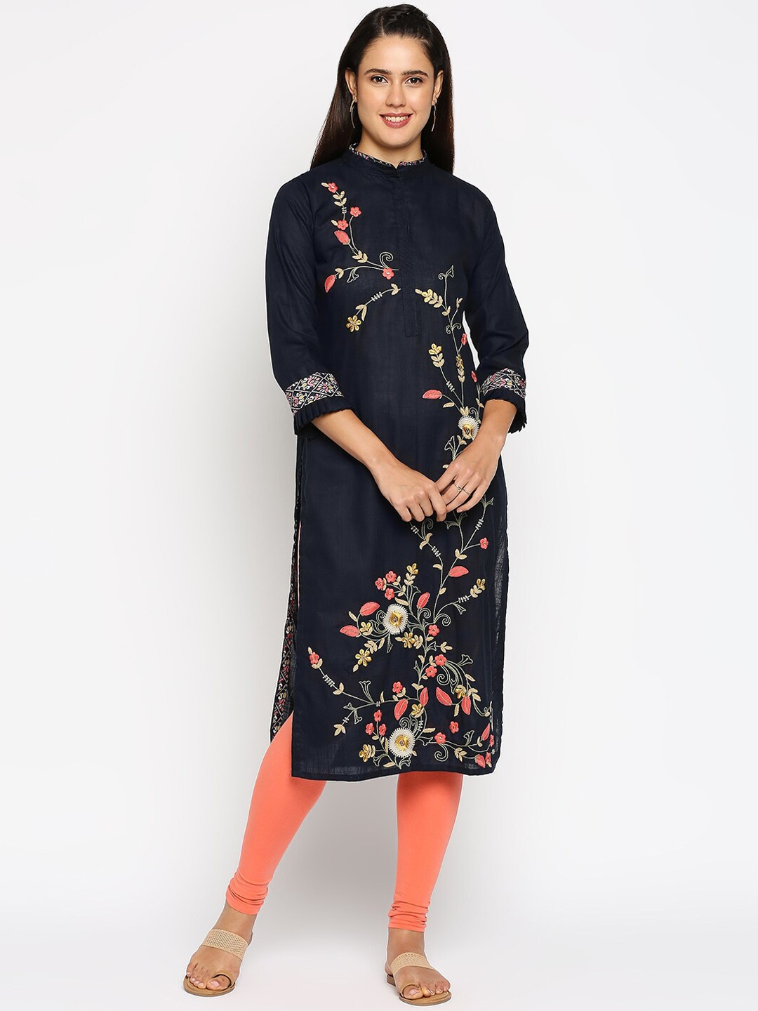 

INDYES Mandarin Collar Floral Embroidered Straight Regular Fit Cotton Kurta, Blue