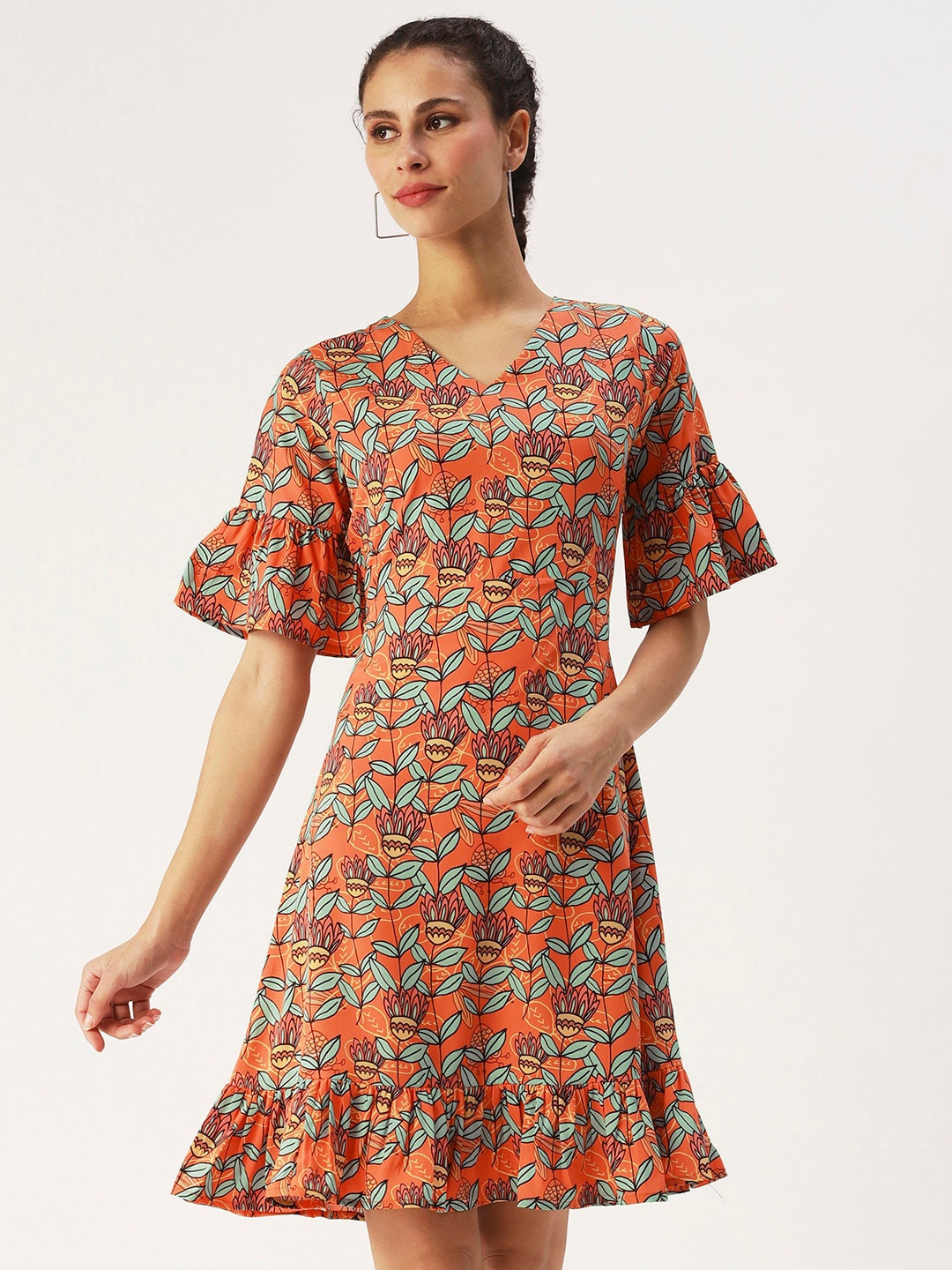 

DressBerry Floral Printed V-Neck Crepe A-Line Dress, Orange
