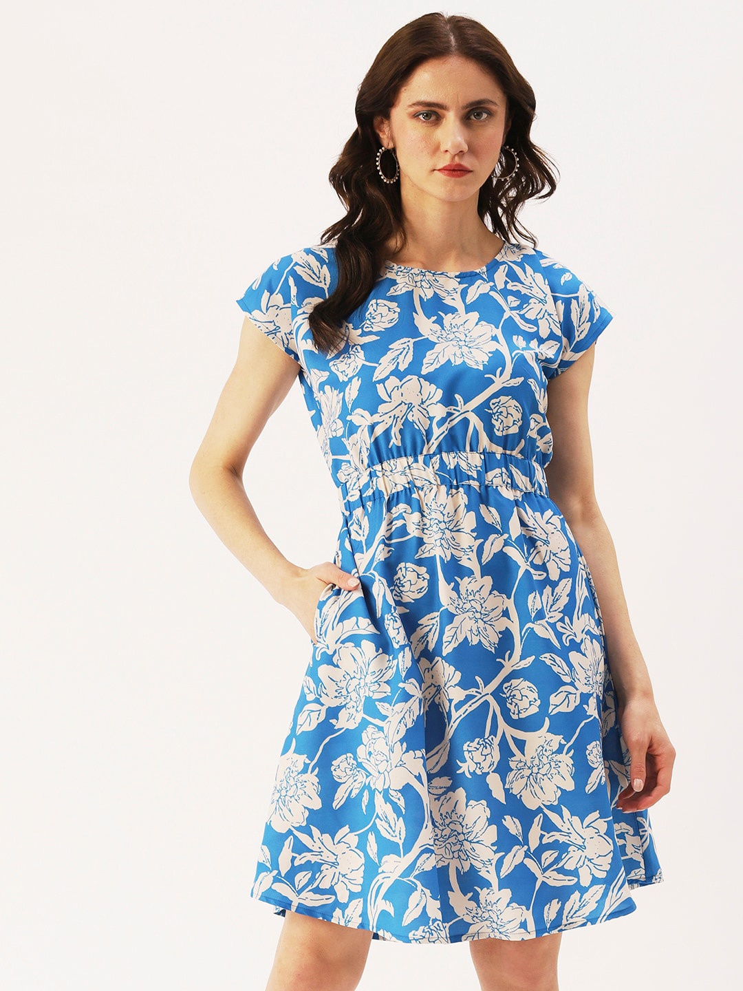 

DressBerry Floral Printed Round Neck A-Line Dress, Blue