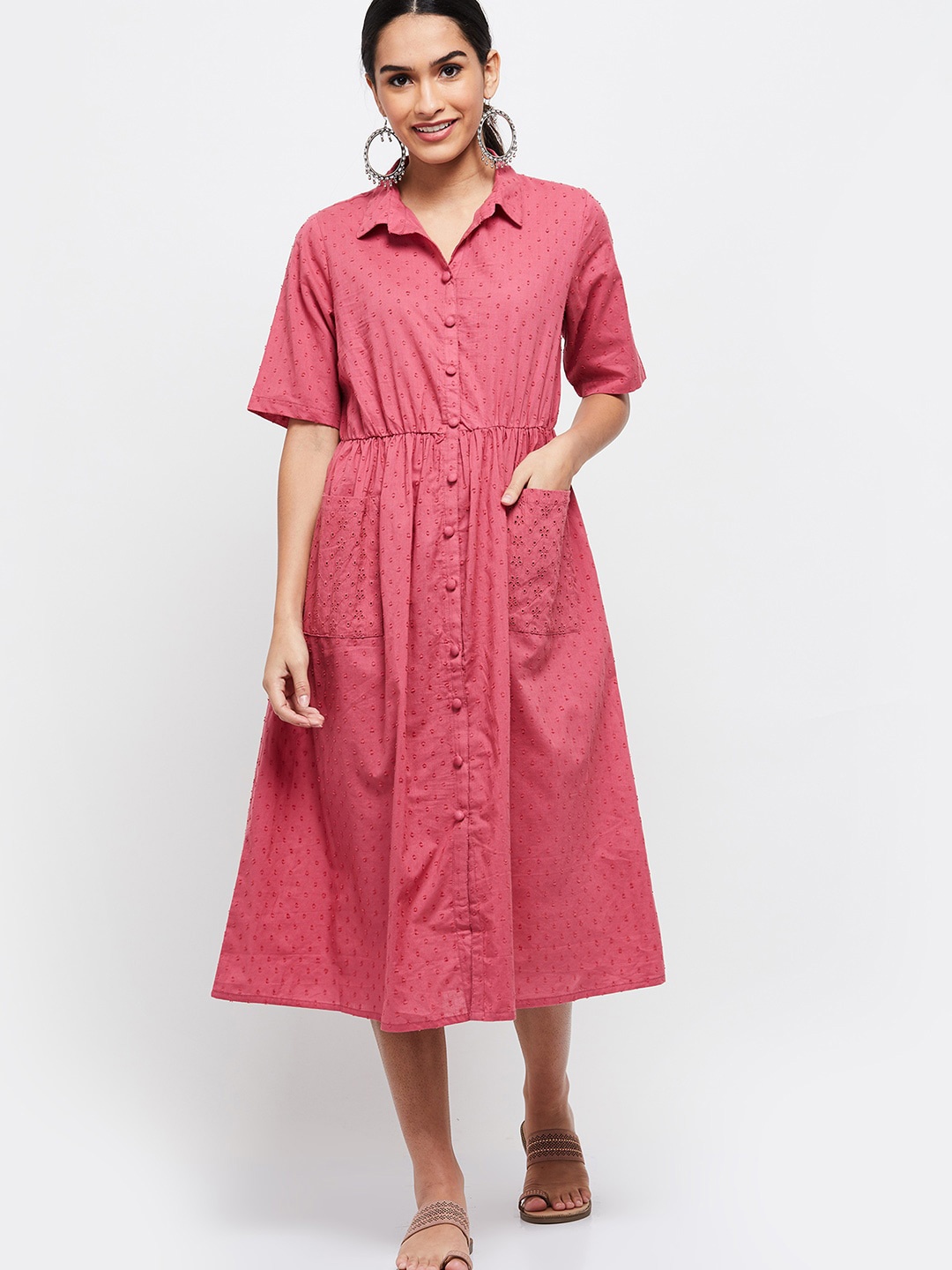 

max Pure Cotton Shirt Midi Dress, Red