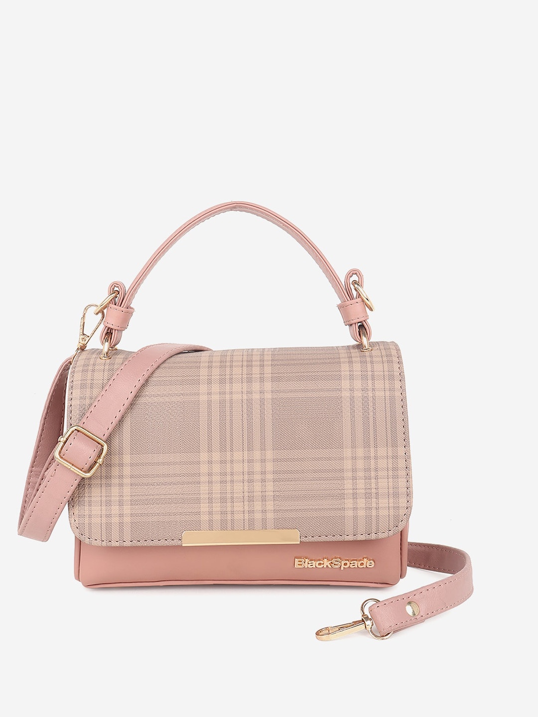 

Black Spade Checked Structured Satchel, Peach