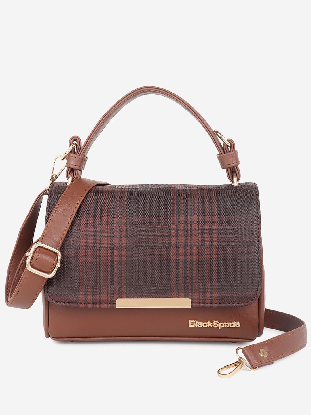 

Black Spade Checked Structured Sling Bag, Brown