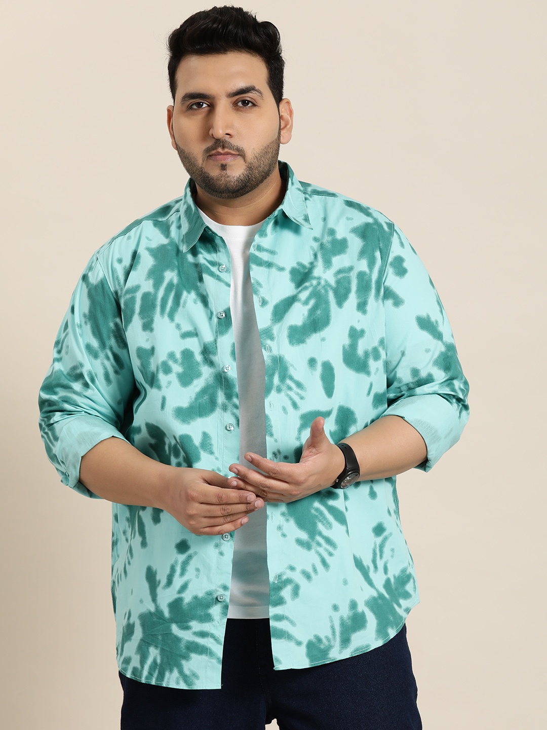 

Sztori Plus Size Tie & Dye Printed Pure Cotton Shirt, Green