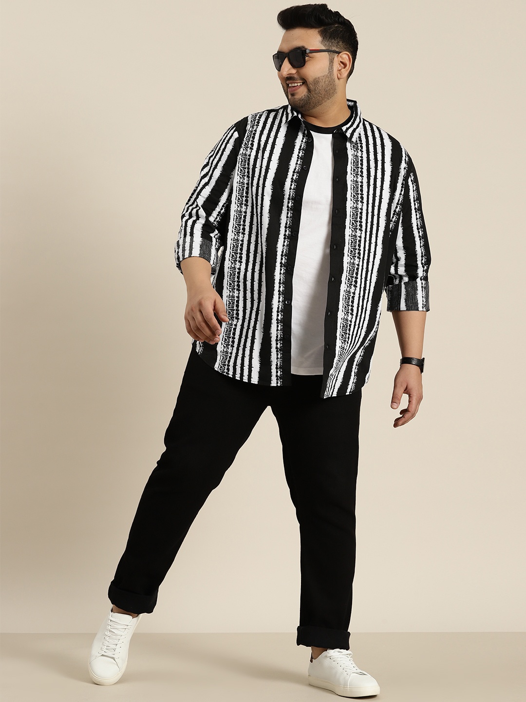 

Sztori Men Plus Size Pure Cotton Striped Casual Shirt, Black