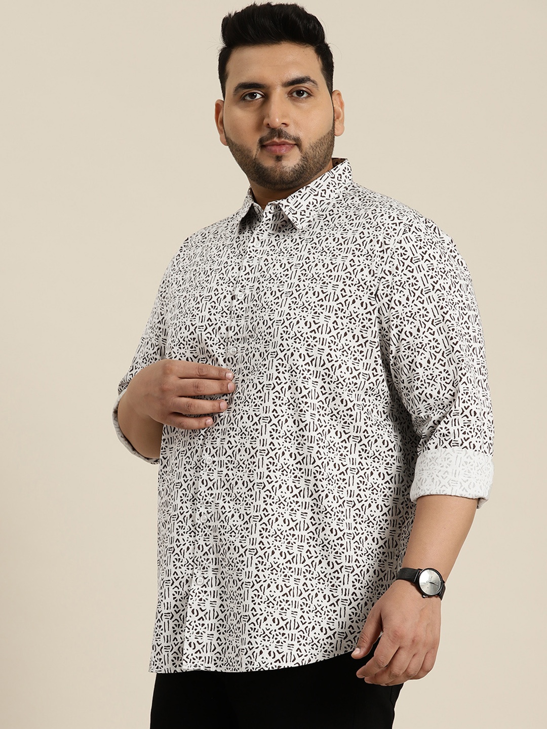 

Sztori Men Plus Size Pure Cotton Printed Casual Shirt, Grey