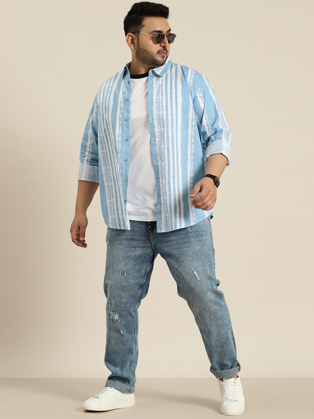 

Sztori Men Plus Size Pure Cotton Striped Casual Shirt, Blue