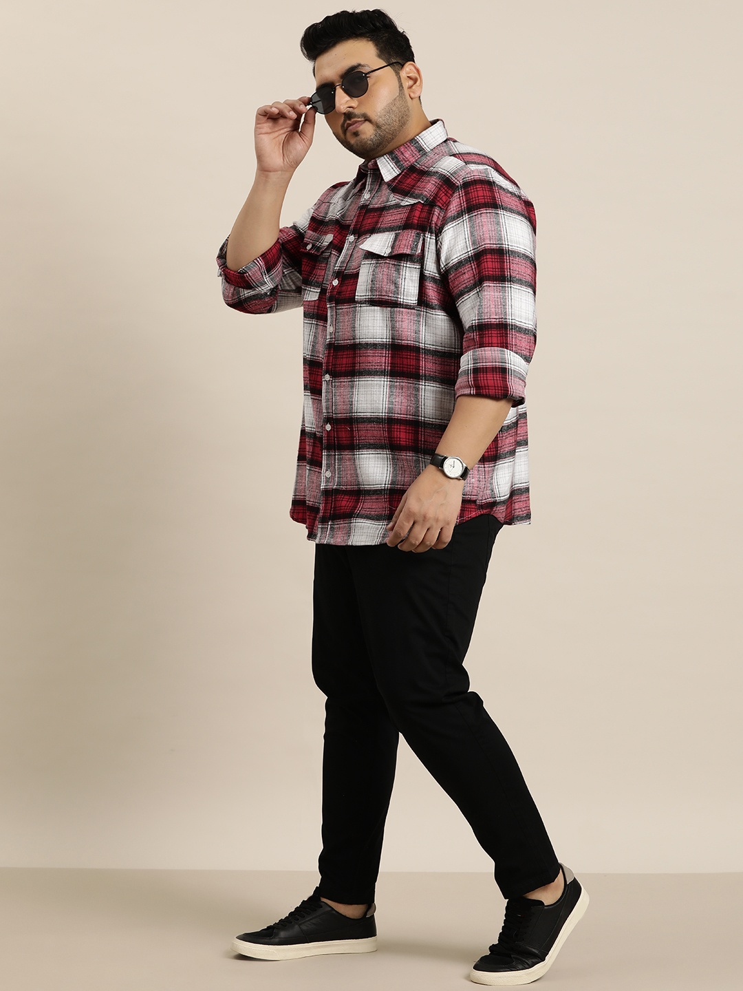 

Sztori Plus Size Tartan Checks Pure Cotton Shacket, Red
