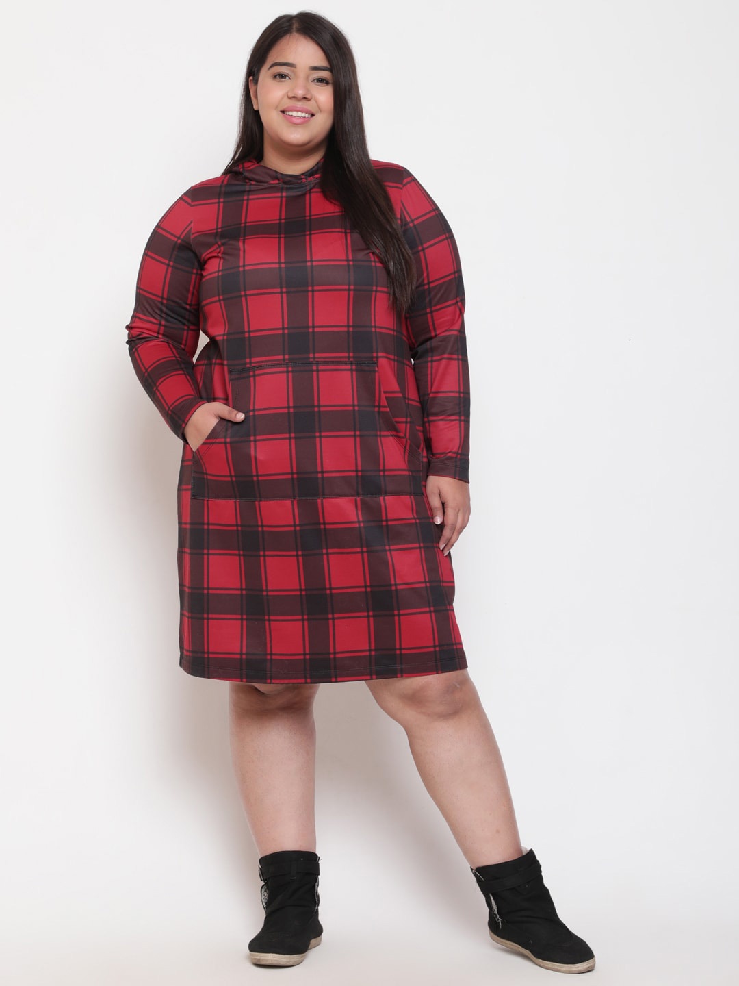 

Amydus Plus SIze Checked Hooded Jumper Dress, Red