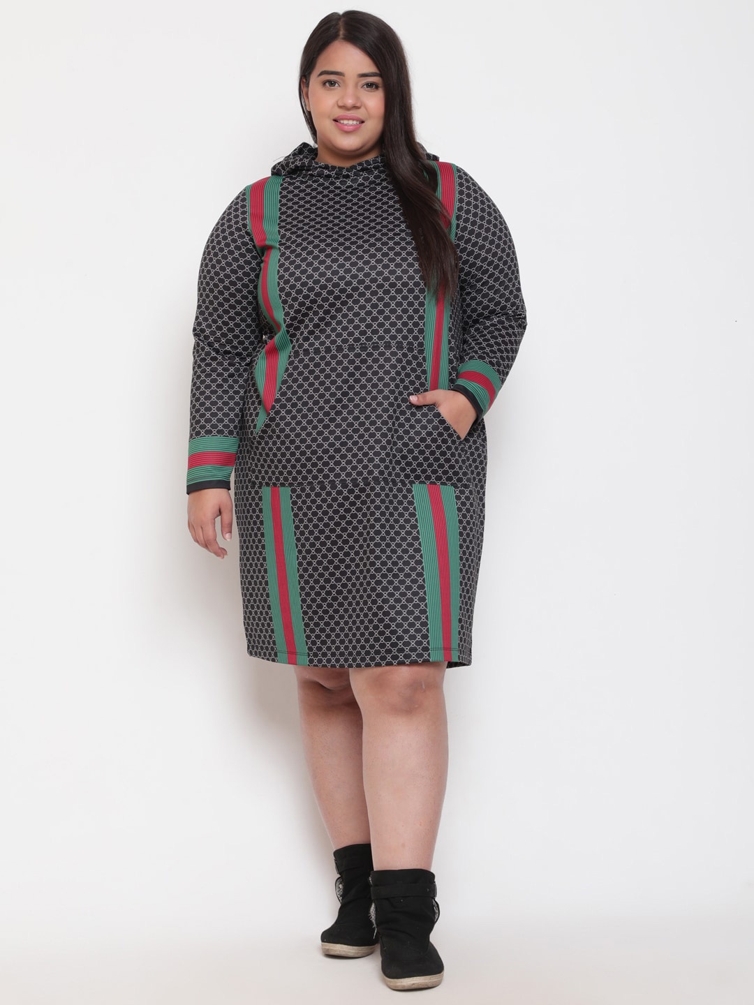 

Amydus Plus Size Geometric Printed Hooded Jumper Dress, Black