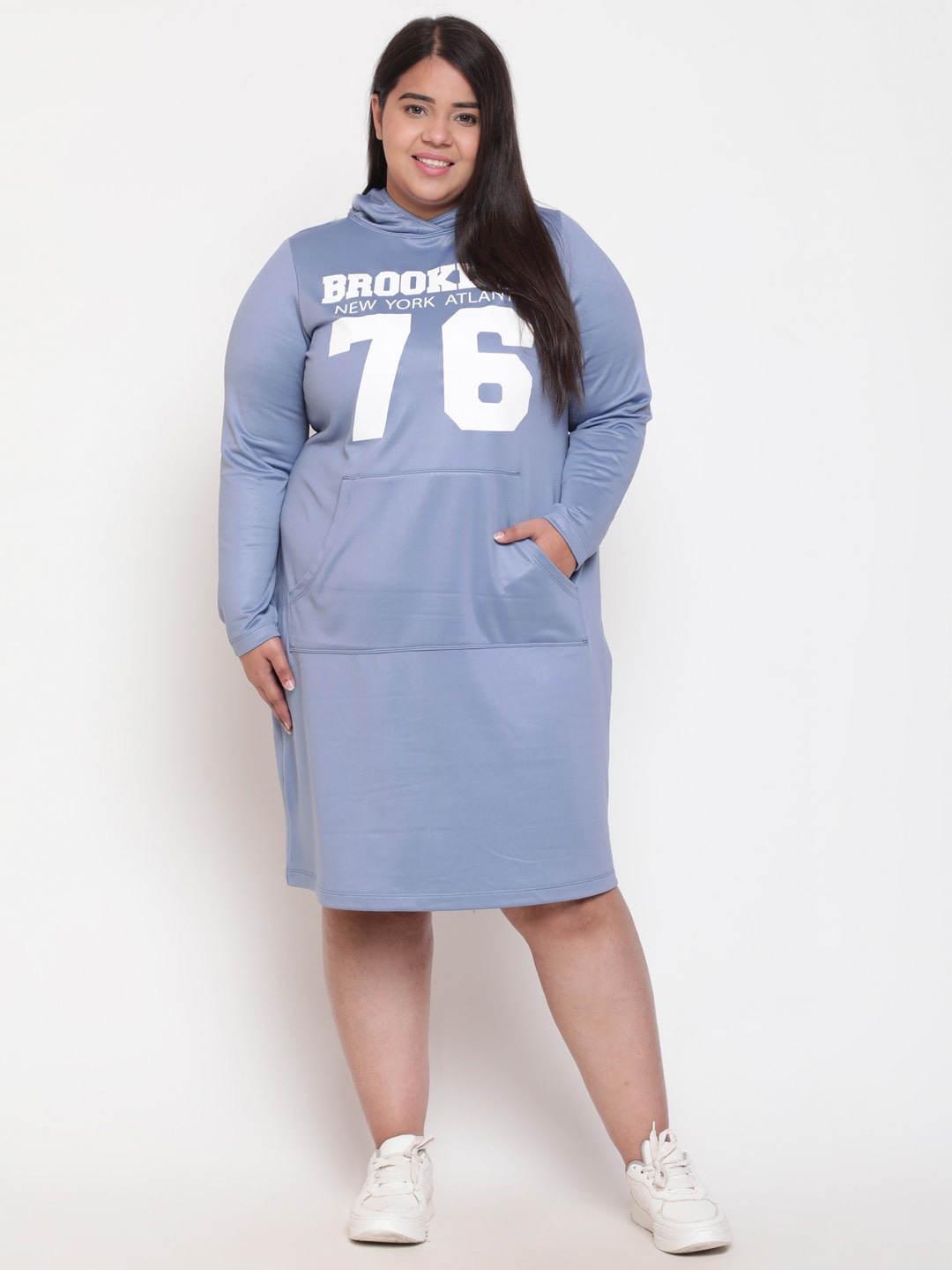 

Amydus Plus Size Typography Printed Hooded Jumper Dress, Blue