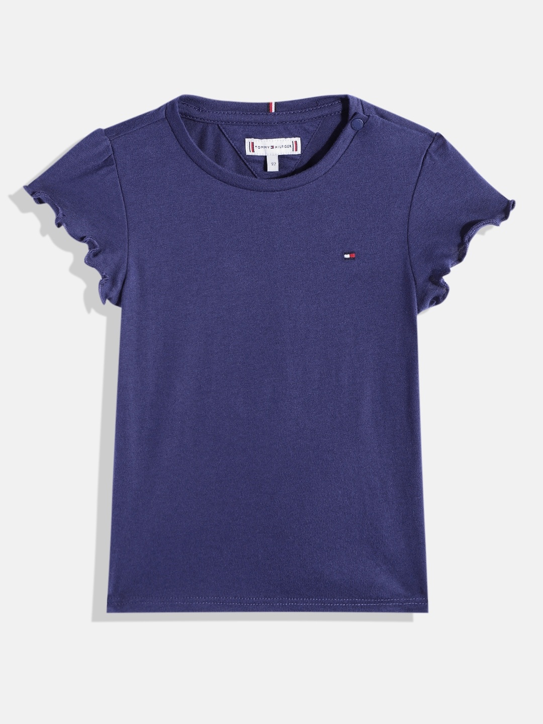 

Tommy Hilfiger Girls Solid Round Neck Cap Sleeves Knitted Ruffles Regular Top, Blue