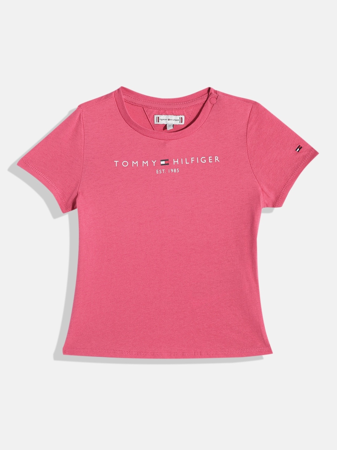 

Tommy Hilfiger Girls Brand Logo Printed Pure Cotton Sustainable T-shirt, Fuchsia