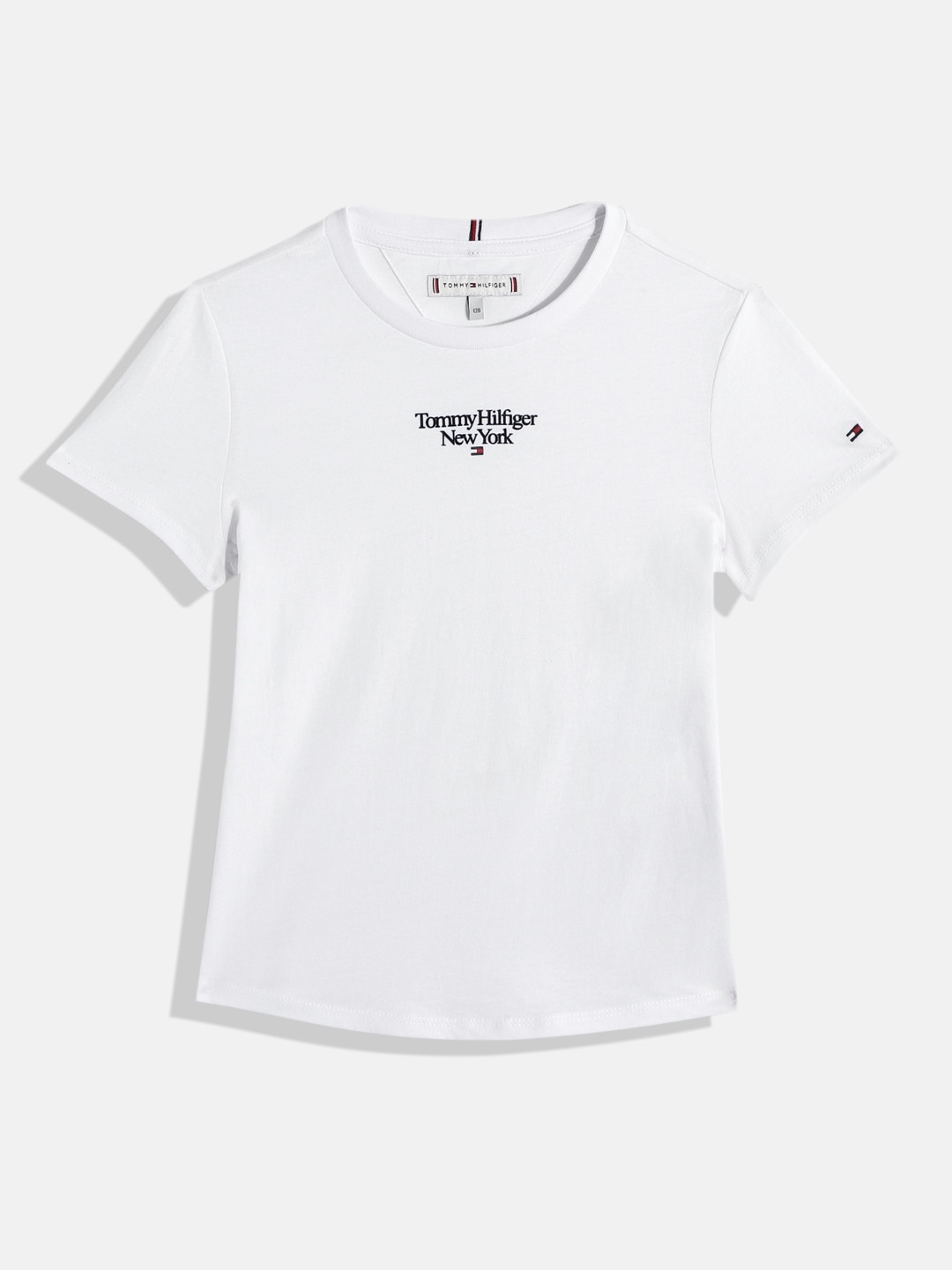 

Tommy Hilfiger Girls Pure Cotton Sustainable T-shirt with Brand Logo Applique, White