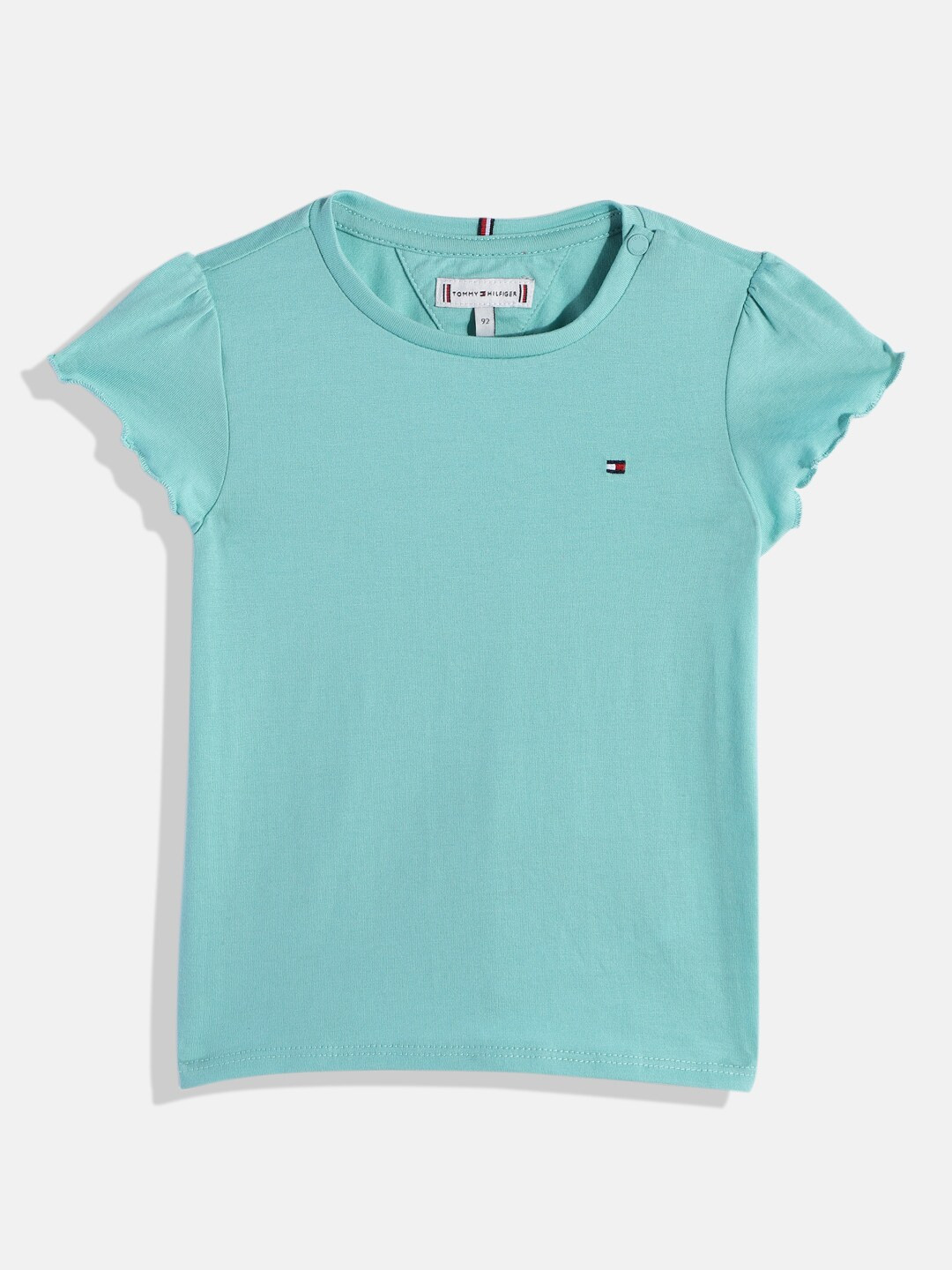 

Tommy Hilfiger Girls Solid Round Neck Cap Sleeves Knitted Ruffles Regular Top, Sea green