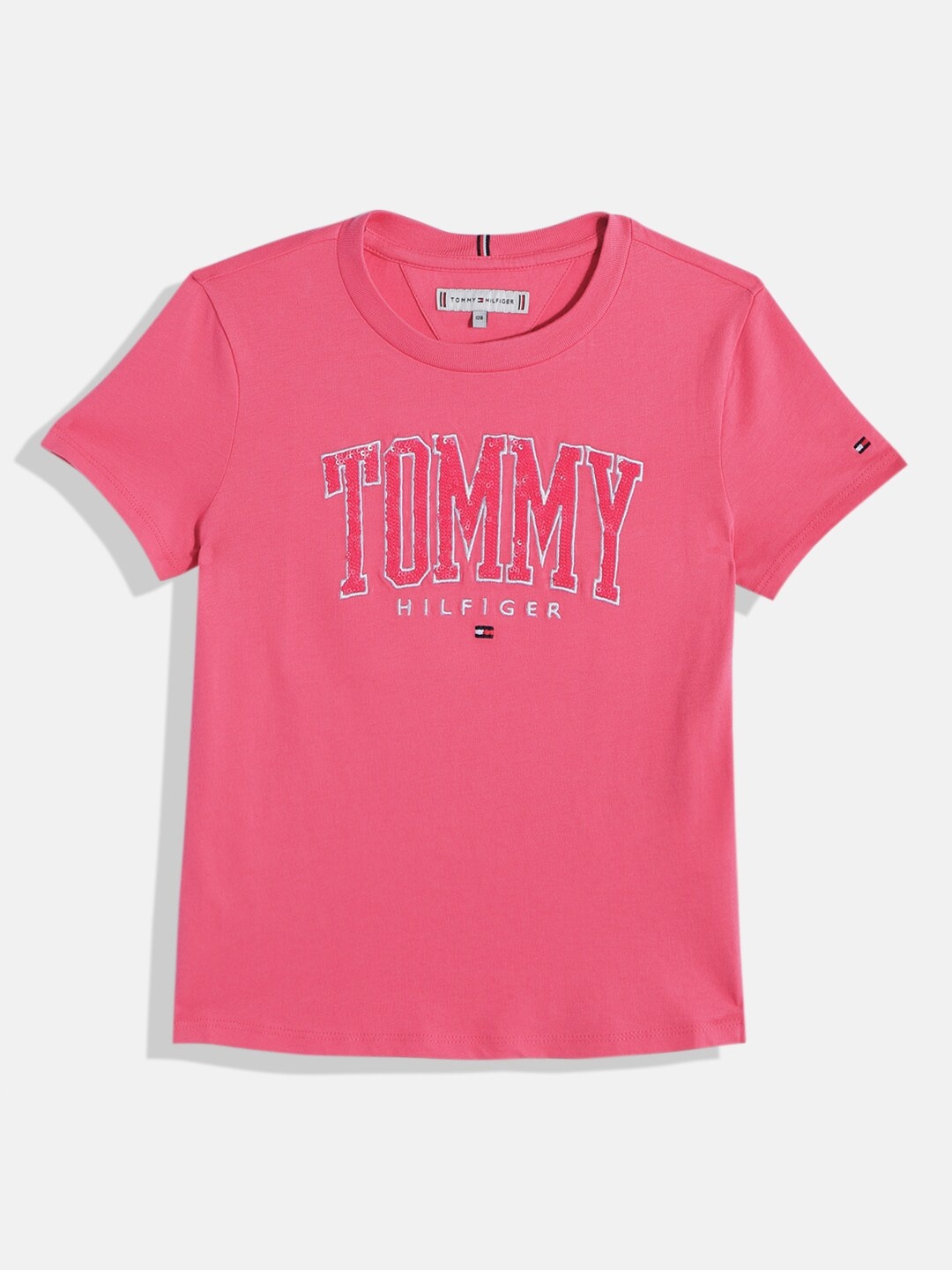 

Tommy Hilfiger Girls Brand Logo Sequins Embellished Organic Cotton T-shirt, Pink