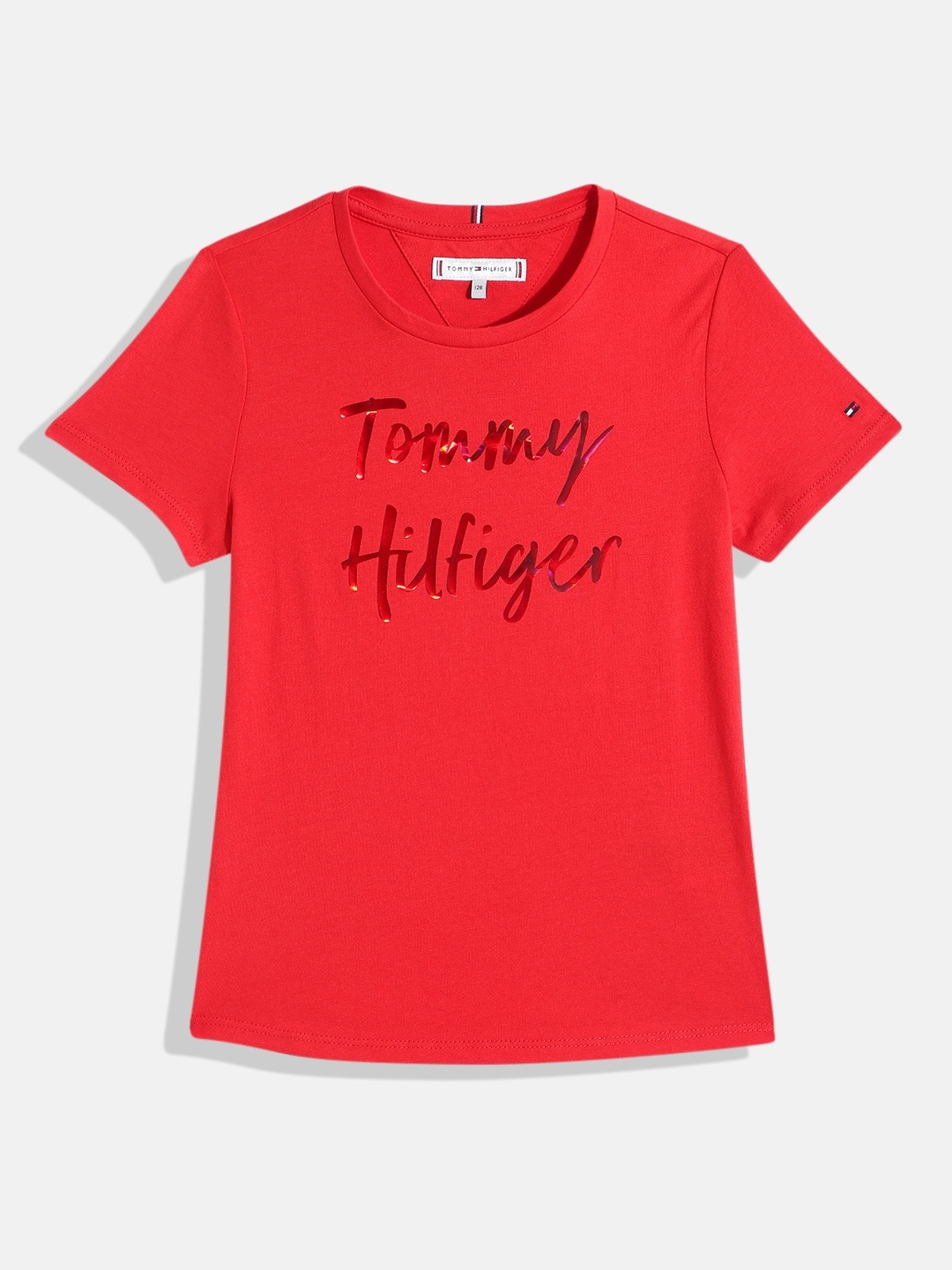 Tommy Hilfiger Girls Brand Logo Printed Pure Cotton T-shirt, Red