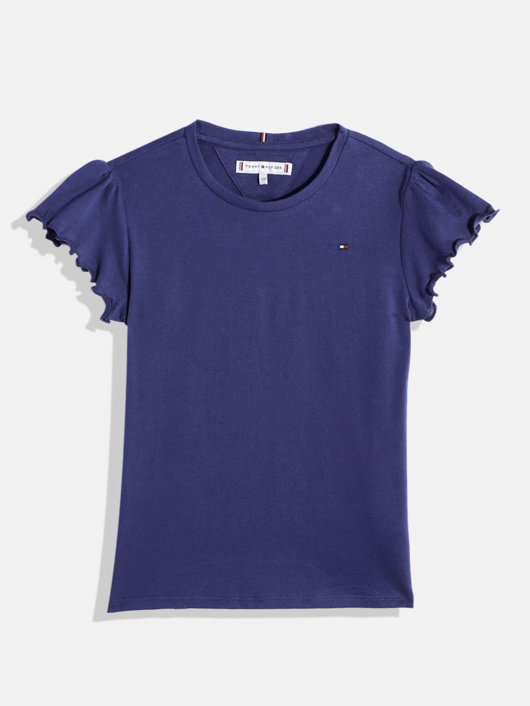 

Tommy Hilfiger Girls Solid Round Neck Cap Sleeves Ruffles Regular Top, Blue