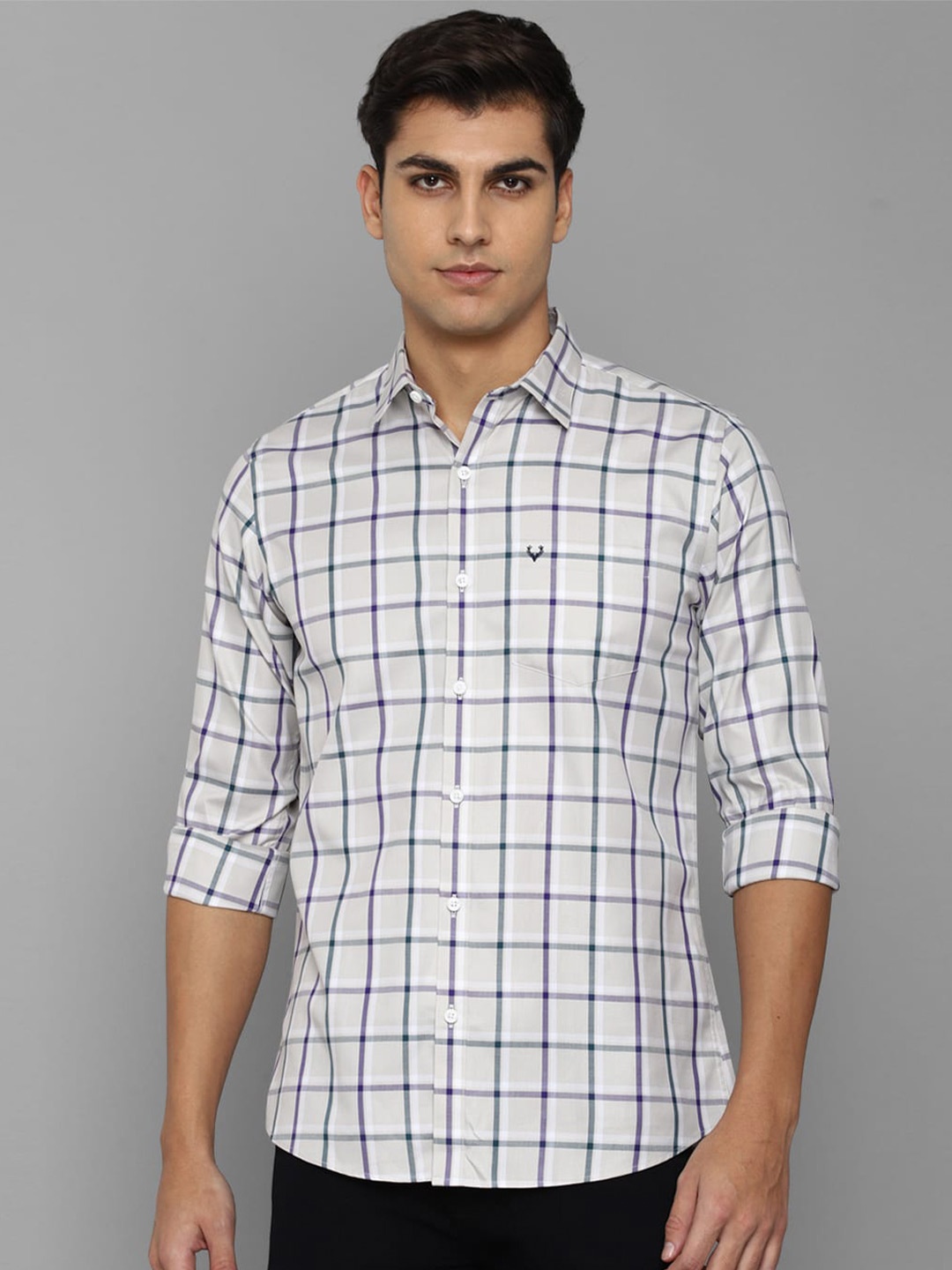 

Allen Solly Men Slim Fit Windowpane Checked Casual Cotton Shirt, Grey