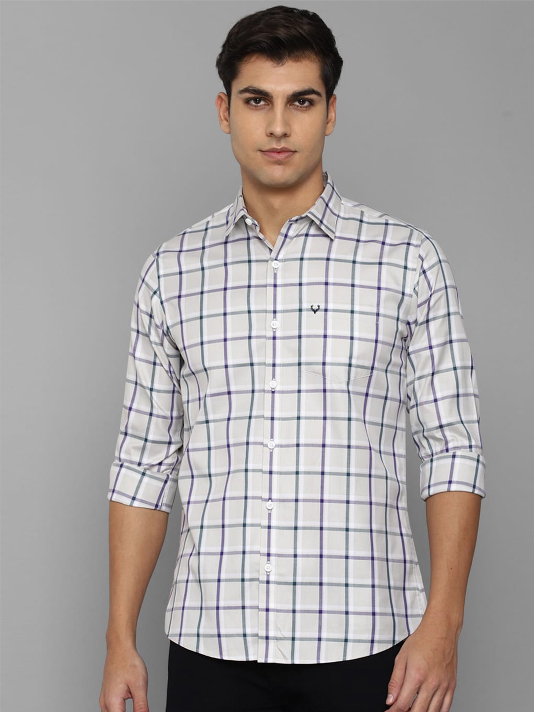 

Allen Solly Men Slim Fit Windowpane Checked Casual Cotton Shirt, Grey