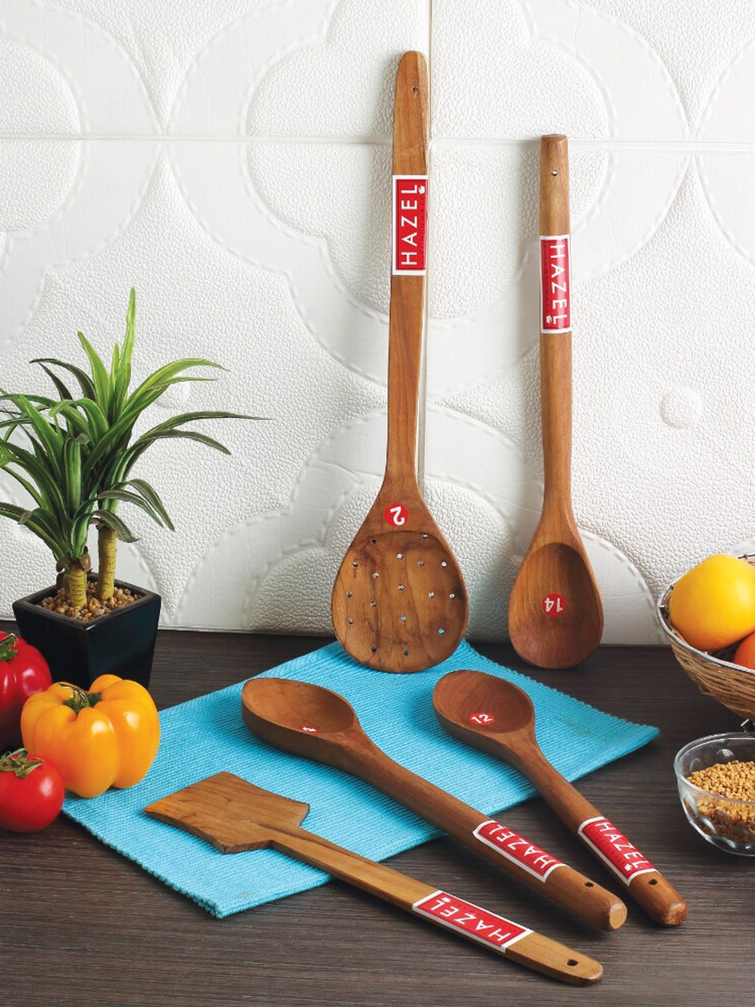 

HAZEL Set Of 5 Wooden Kitchen Cutlery, Brown