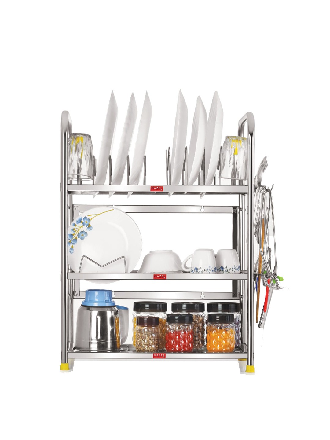 

HAZEL Silver-Toned Stainless Steel Kitchen Rack Utensil Stand with Plate & Cutlery Holder Dish Rack