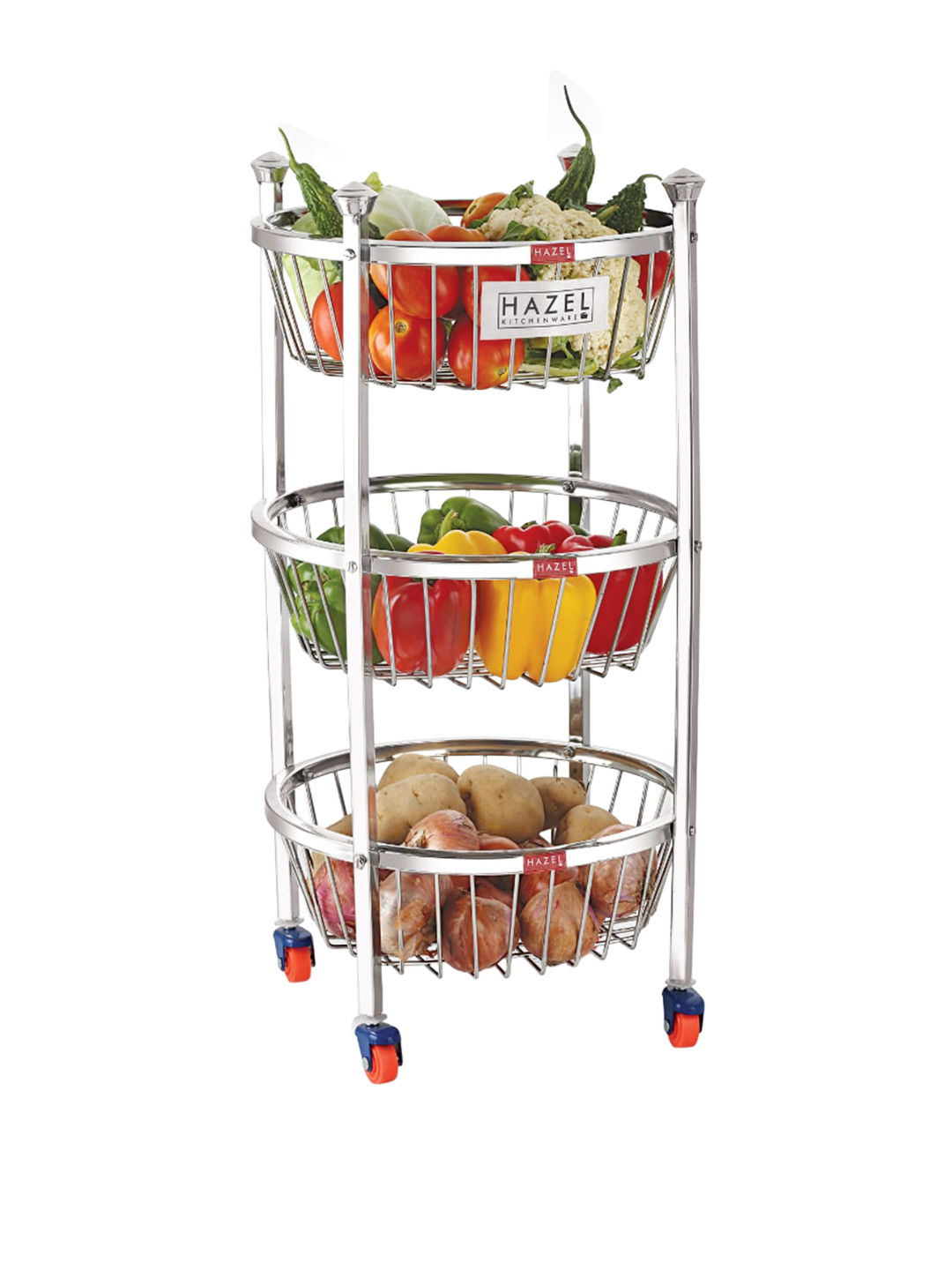 

HAZEL Silver-Toned Stainless Steel Fruit Vegetable Basket Trolley Rack Round Stand with Wheel, 3 Layer