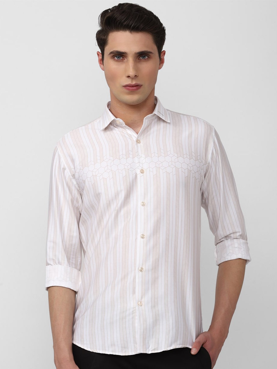 

V Dot Men Slim Fit Striped Pure Cotton Casual Shirt, White