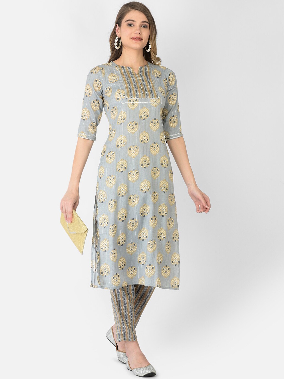 

V TRADITION Women Floral Printed Kurta with Trousers, Grey