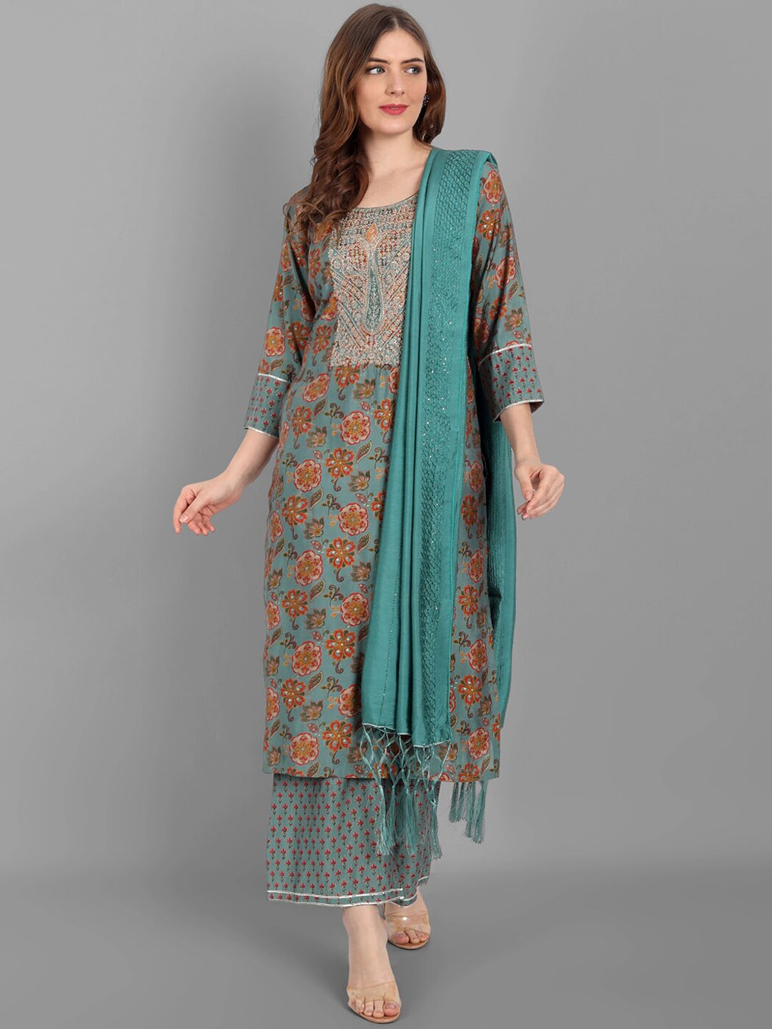 

V TRADITION Women Floral Printed Thread Work Kurta with Palazzos & Dupatta, Green
