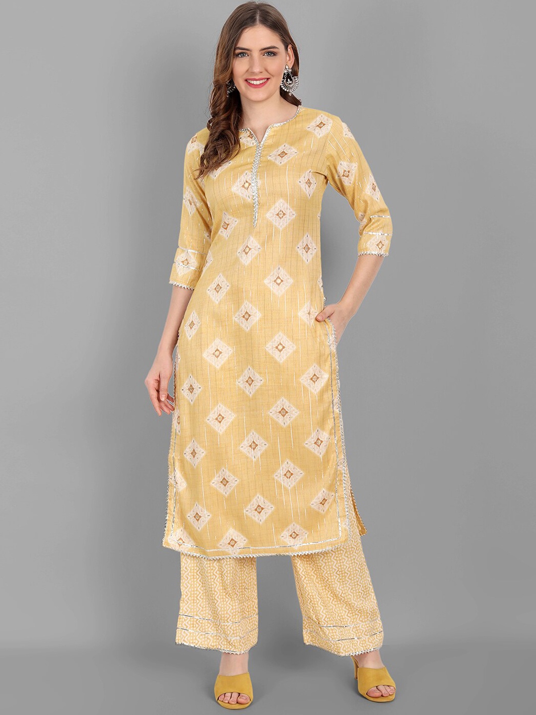 

V TRADITION Women Abstract Printed Thread Work Kurta with Trousers, Yellow