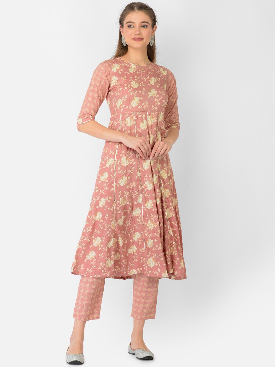 

V TRADITION Women Floral Printed Empire Thread Work Kurta with Trousers, Peach