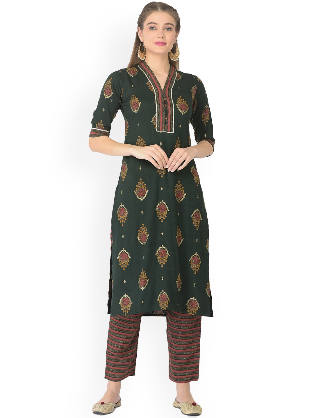 

V TRADITION Women Floral Printed Kurta with Trousers, Green