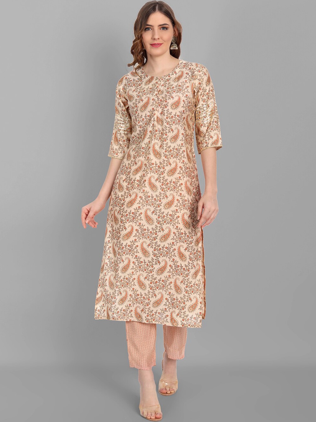 

V TRADITION Women Paisley Printed Kurta with Trousers, Beige