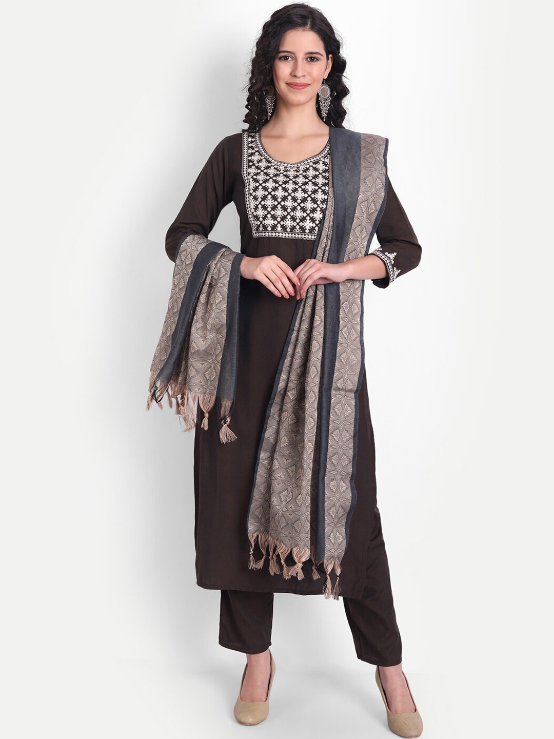 

V TRADITION Women Floral Embroidered Thread Work Kurta with Trousers & Dupatta, Brown