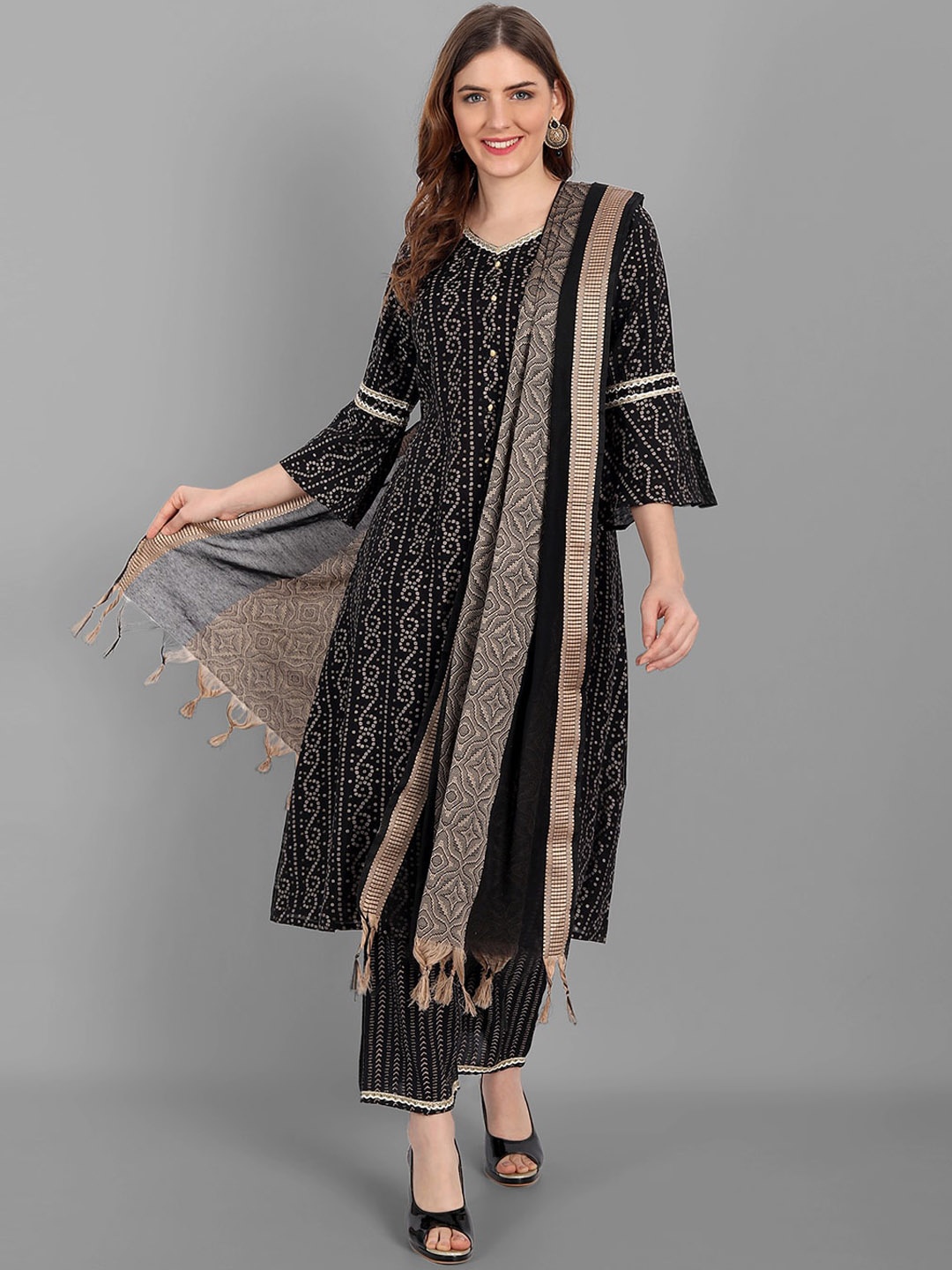 

V TRADITION Women Bandhani Printed Kurta with Palazzos & Dupatta, Black