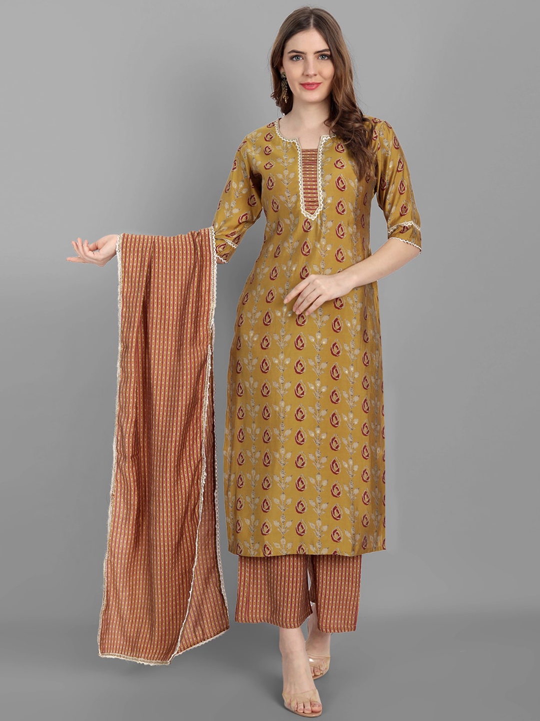 

V TRADITION Women Ethnic Motifs Printed Kurta with Trousers & Dupatta, Mustard