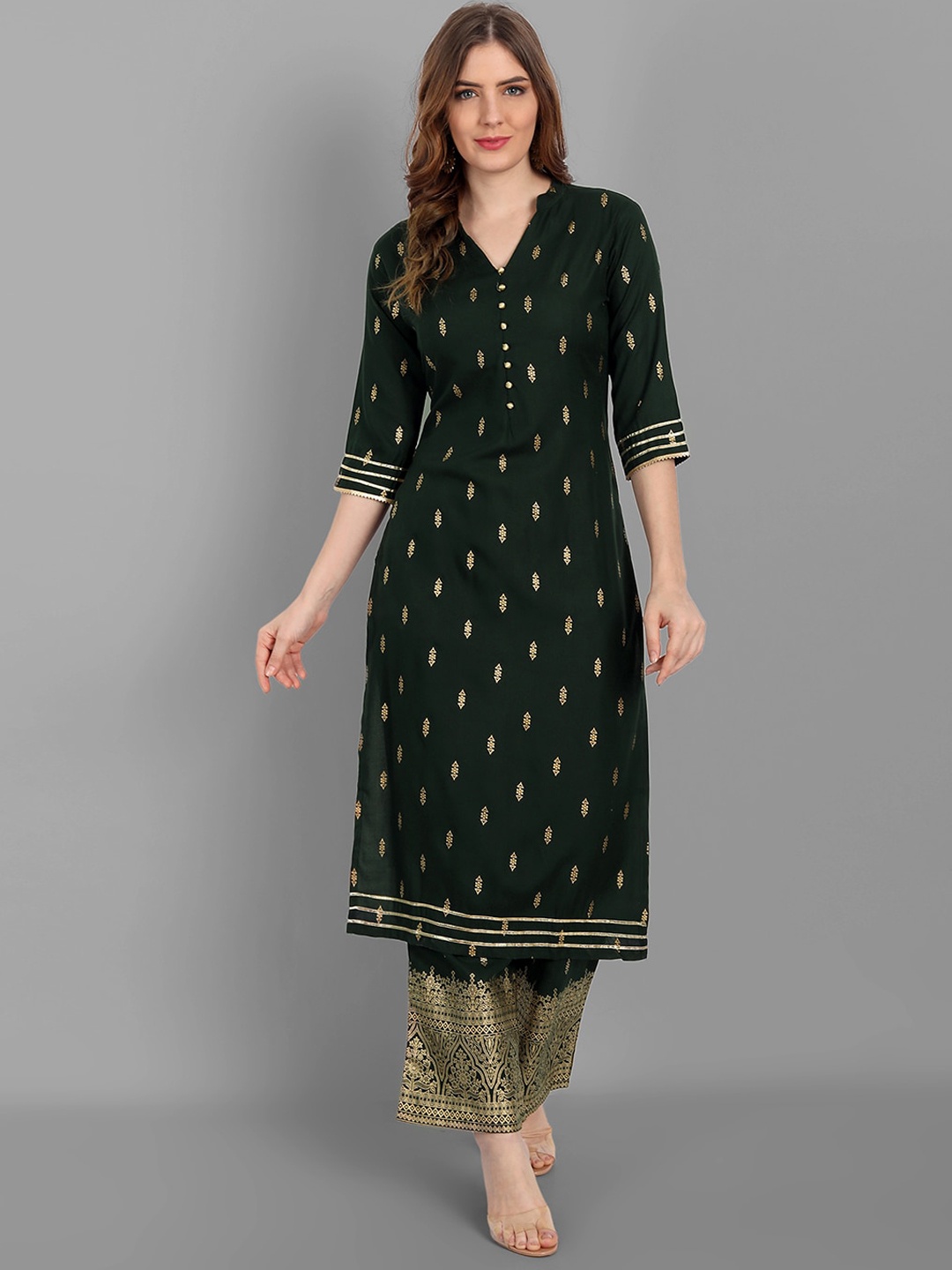 

V TRADITION Women Ethnic Motifs Printed Kurta with Palazzos, Green
