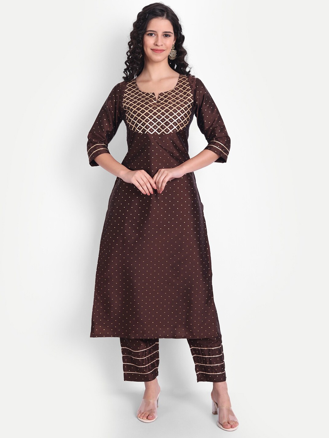 

V TRADITION Women Self Design Kurta with Trousers, Brown